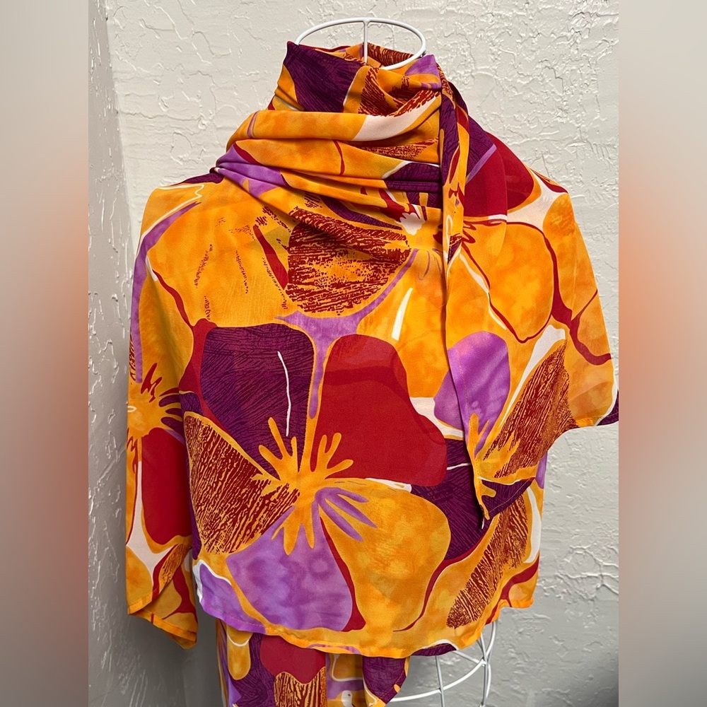 Victoria's Secret Bright Floral Scarf Wrap Orange Purple Red Floral Large Flower